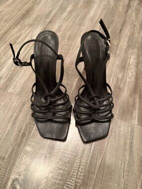 SCHUTZ Black Strappy Knot Square-Toe Heeled Sandals